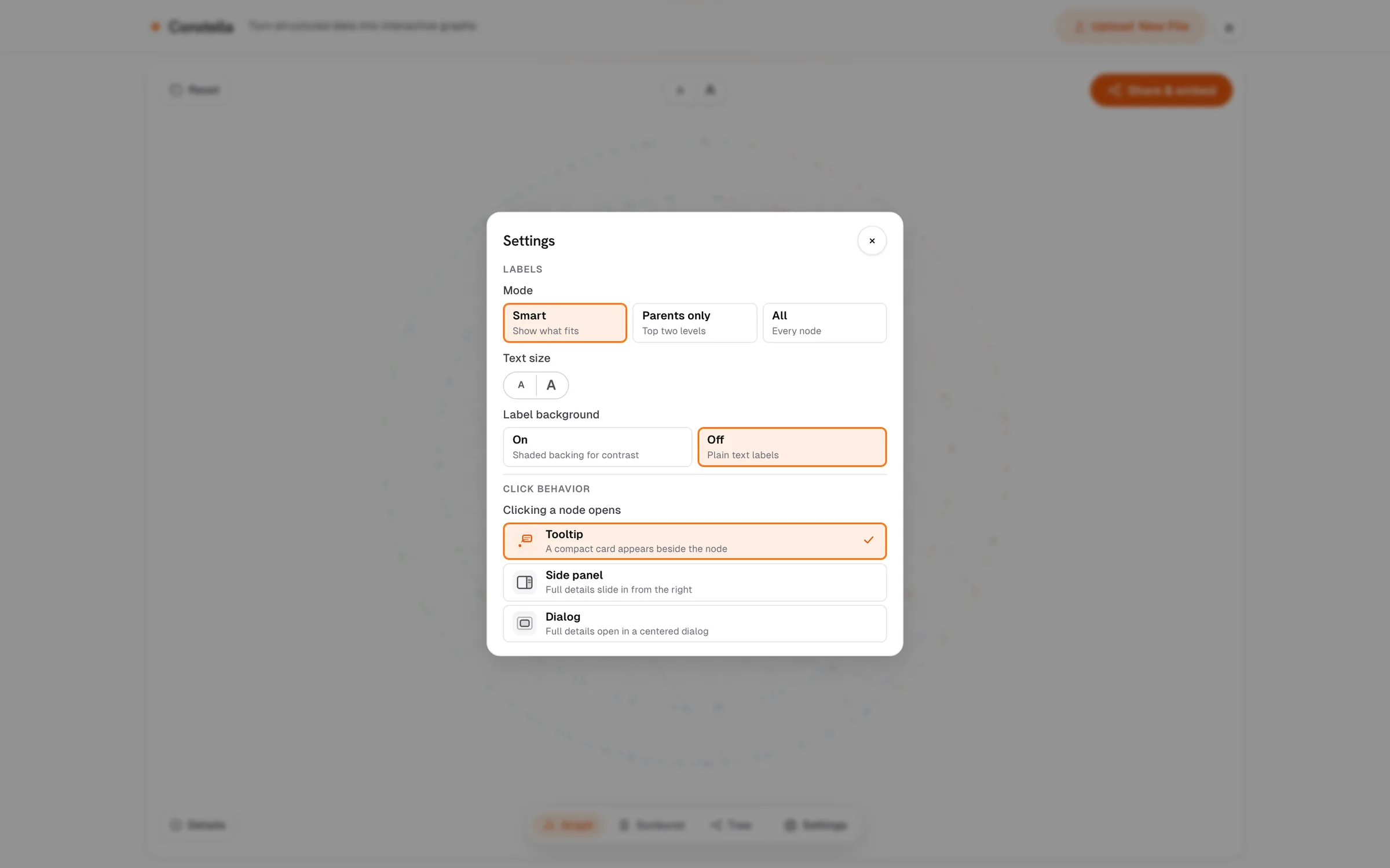 Label modes, text size, and what a click opens, set by the reader.