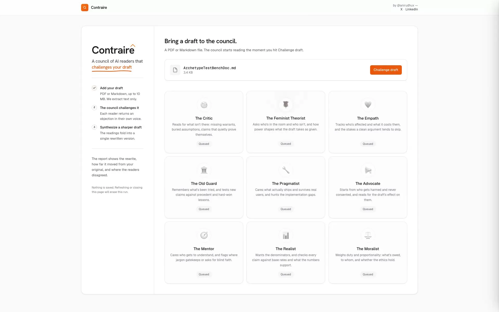 Each reader's remit and biases, declared before you upload.