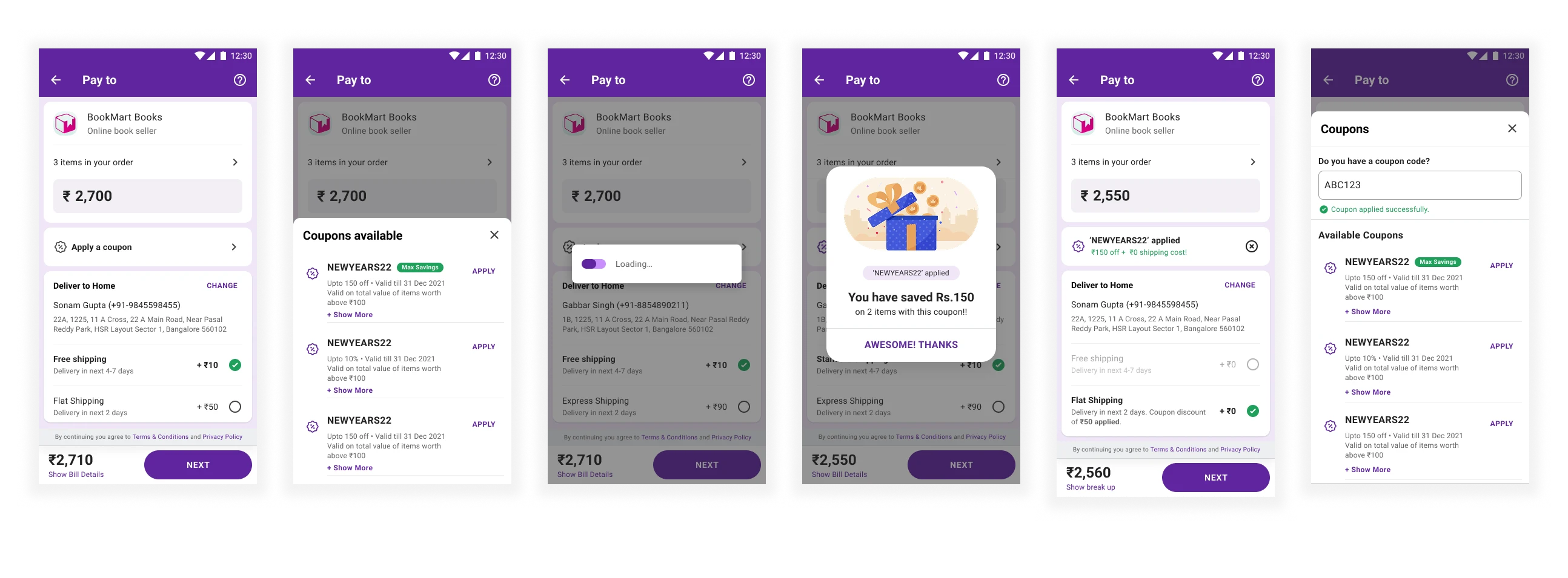 The coupon sheet: Max Savings tagged, the saving named in rupees, the order reshaped in place.