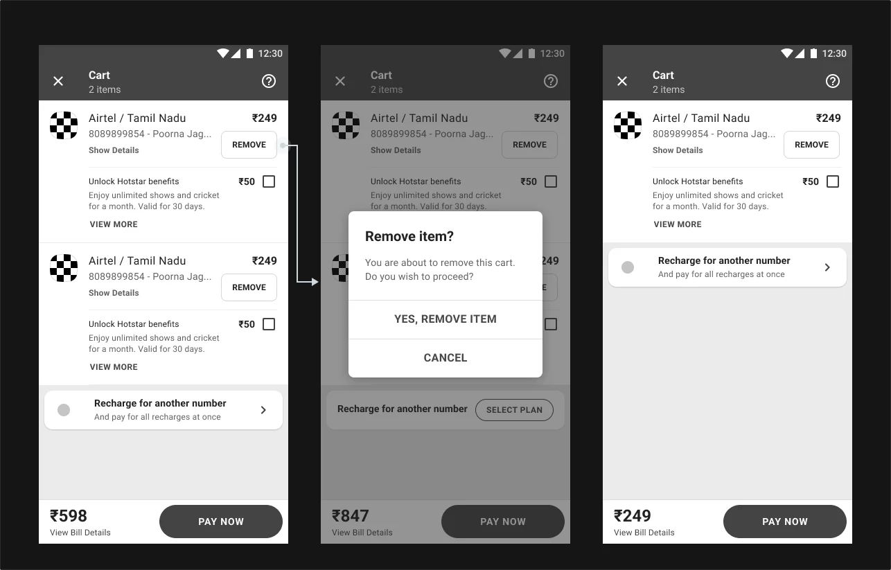 Two separate confirmations. Removing one item is a different action from clearing the whole cart.