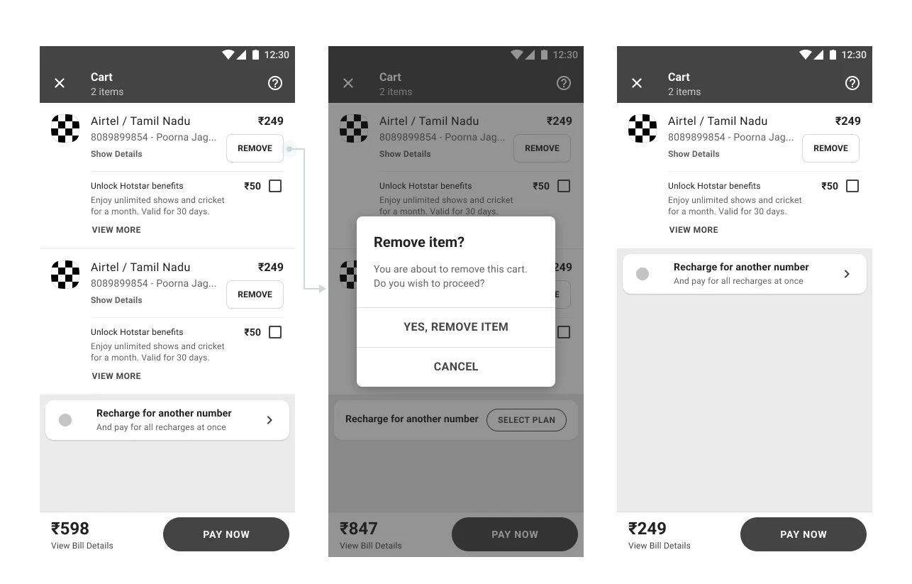 Two separate confirmations. Removing one item is a different action from clearing the whole cart.