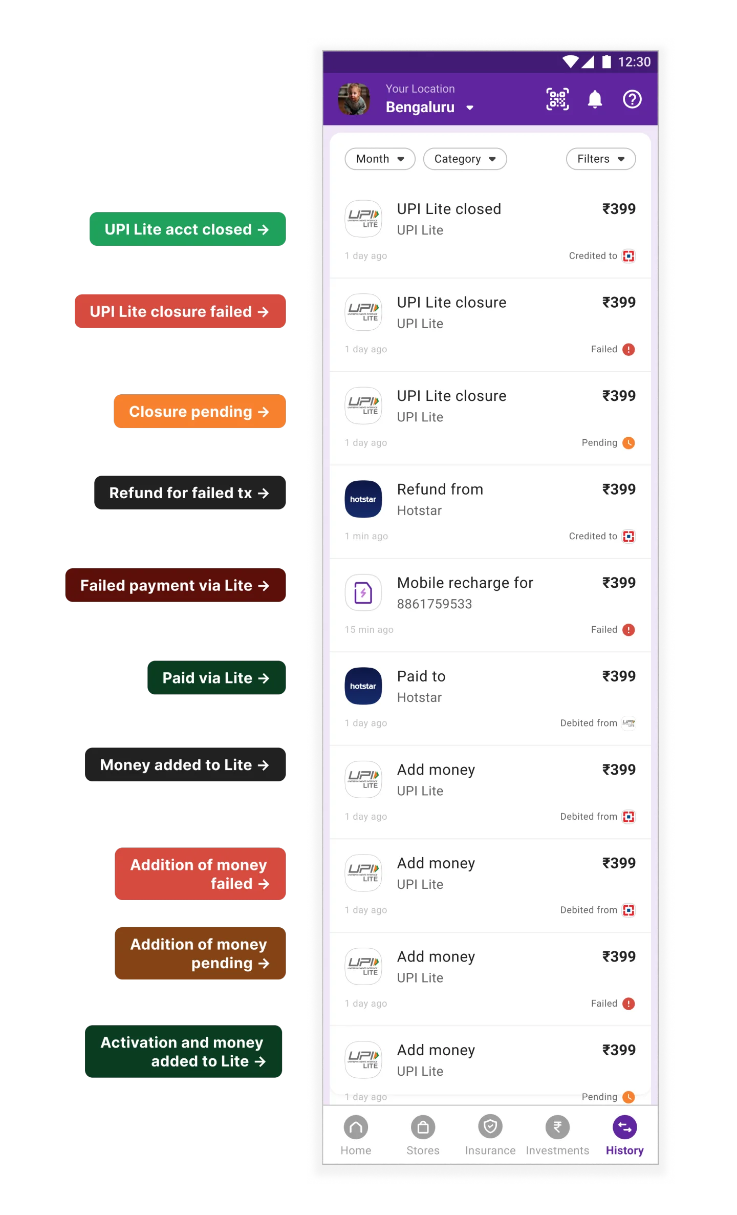 Transaction history, all states: UPI Lite payments logged in the app and kept off the bank statement.